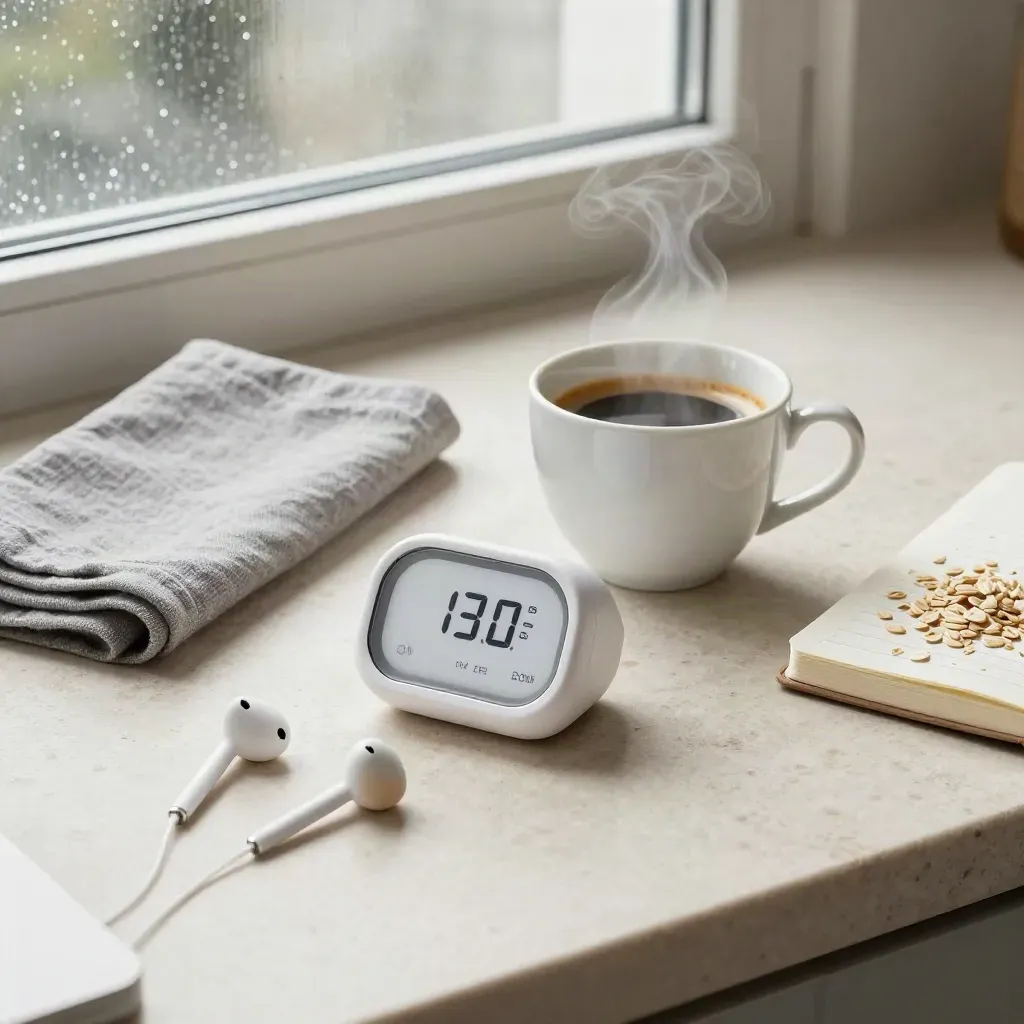 Espresso timer, cup, earbuds, napkin and notebook by a rain-streaked window