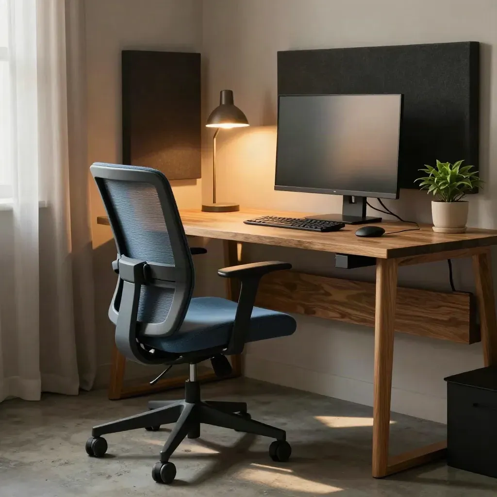 Cozy home office corner with chair, dark monitor, glowing lamp, plant, and acoustic panel
