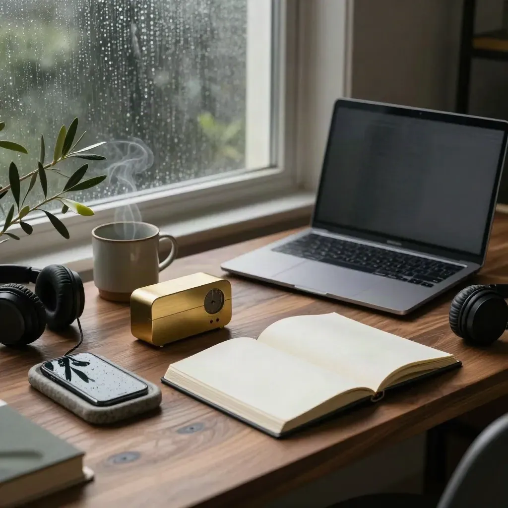 Rainy deep-work desk with laptop, timer, phone tray, notebook, headphones, mug and olive branch.