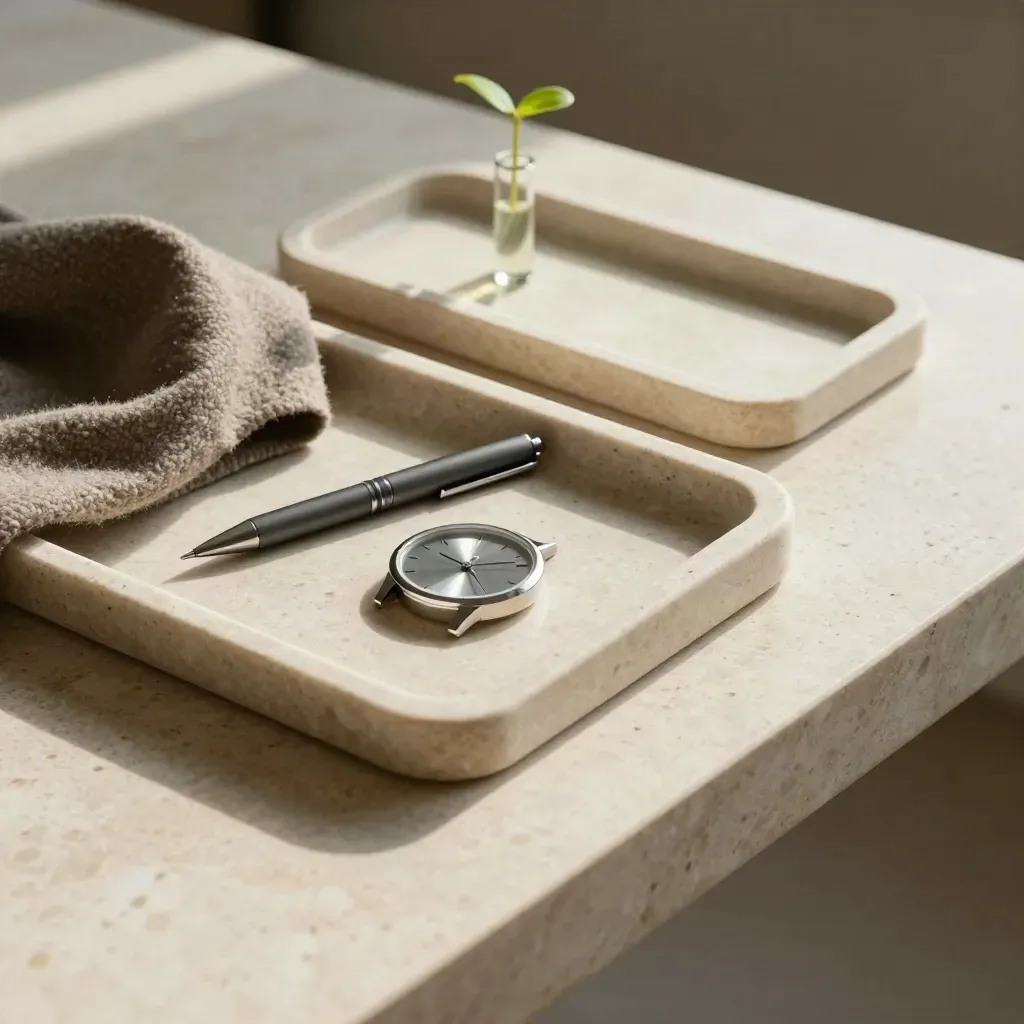 Stone tabletop with trays, watch, pen, cloth and plant cutting in late-afternoon light.