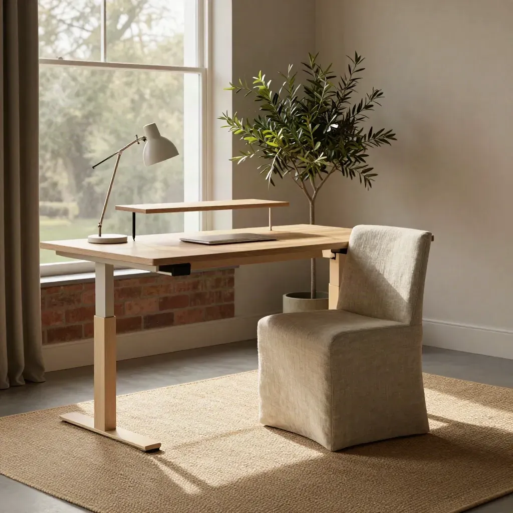Loft workspace with desk, lamp, monitor stand, plant and chair in warm window light.