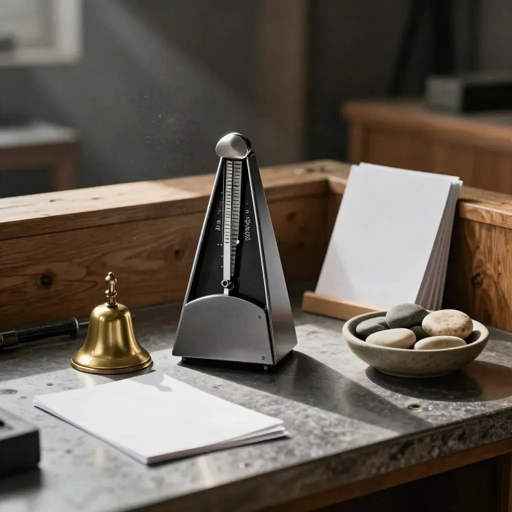 Metronome, cue cards, bell and stones on a brushed desk in dramatic low light