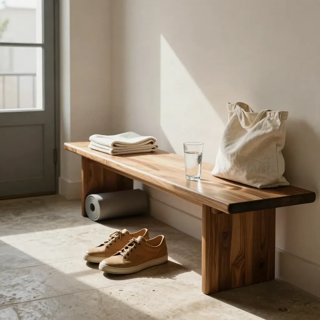 Hallway bench with rolled yoga mat, shoes, and water in warm afternoon light.