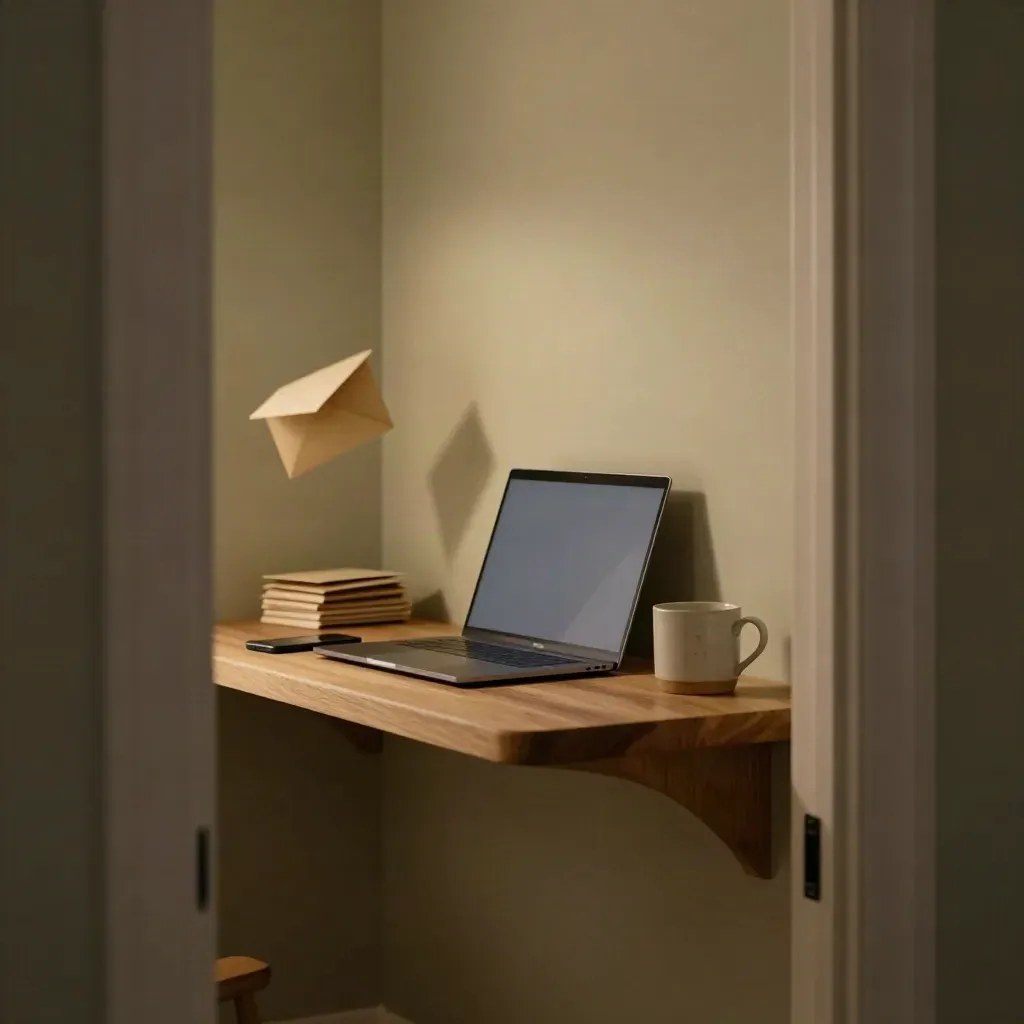 Closed laptop, phone, mug, and blurred envelopes on a shelf in evening lamp glow.