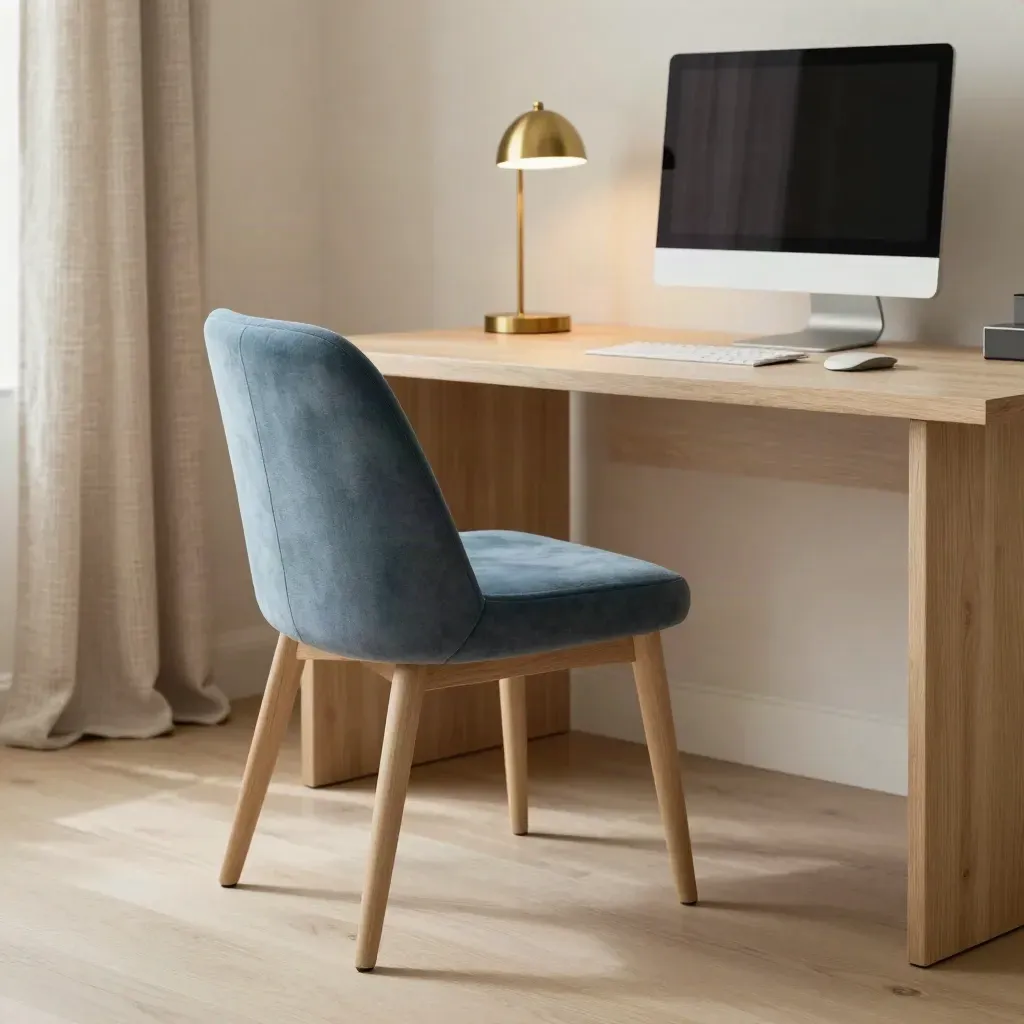 Floor-level office corner with lamp, dark monitor, tucked chair and settling curtain in soft daylight.