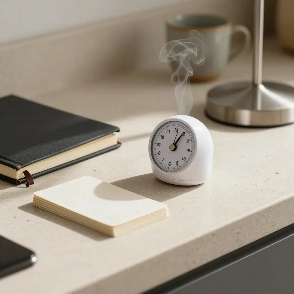 White timer, cue cards, and closed notebook in a moody kitchen focus-drill setup.