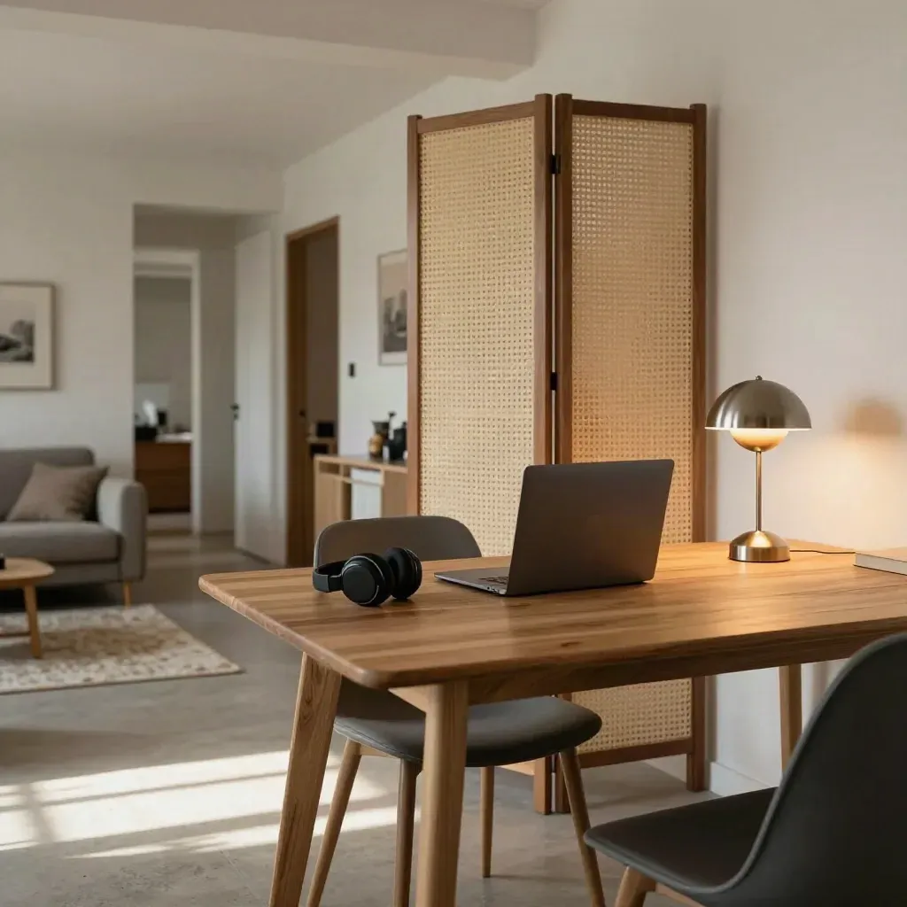 Shared apartment dining table work zone with laptop, headphones, lamp and divider in afternoon sun.