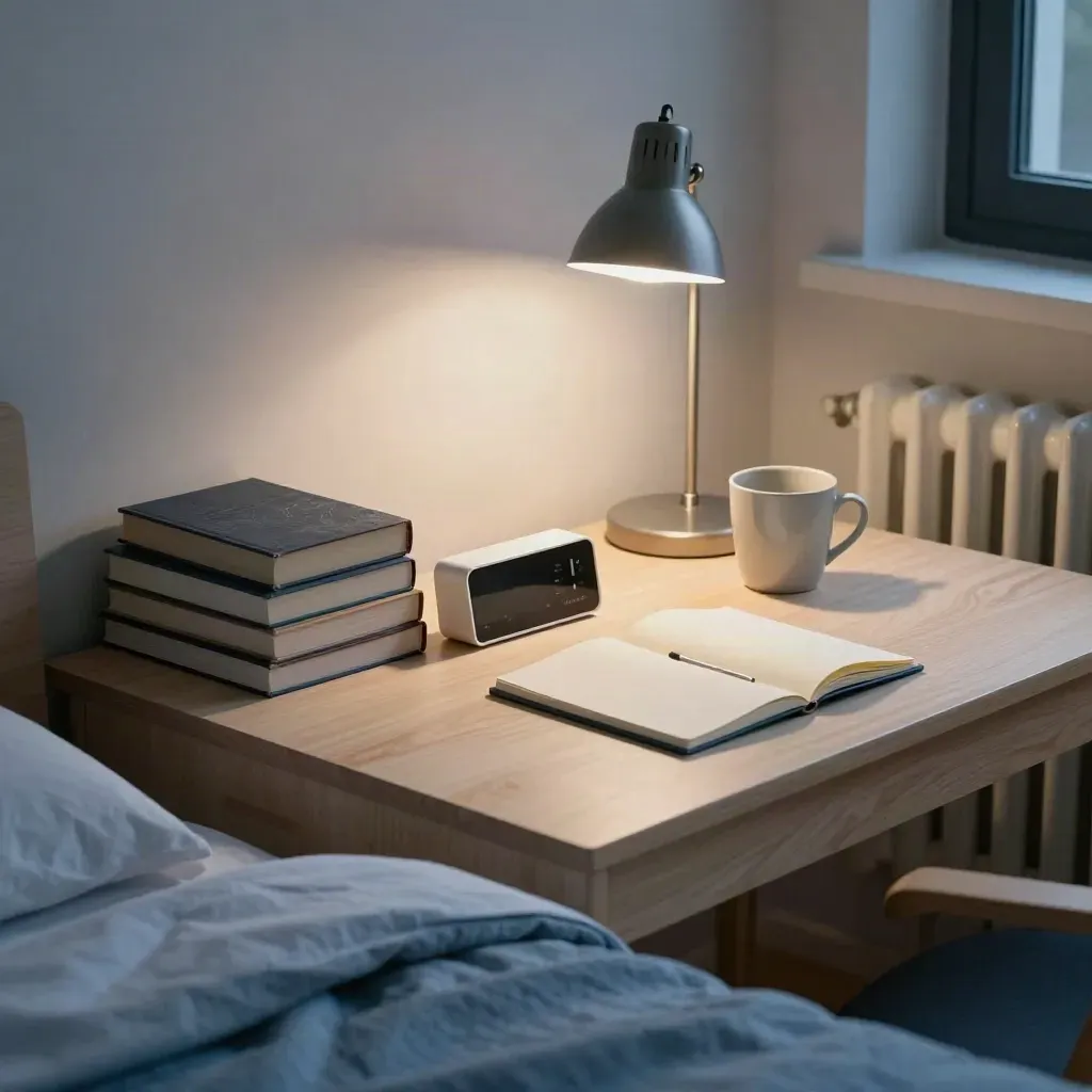Dorm desk with textbooks, timer, notebook, and mug glowing under a lamp at study time.