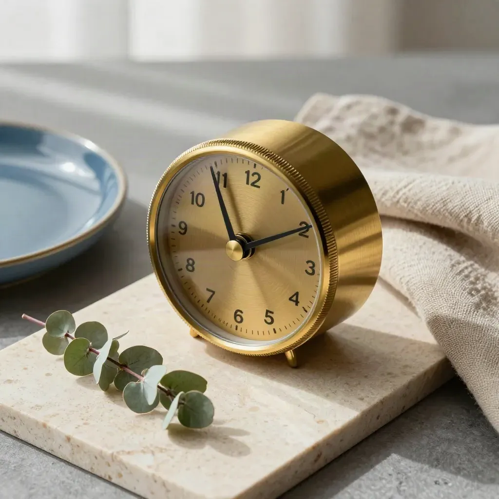 Brushed brass desk timer with linen, slate-blue dish, eucalyptus on pale stone