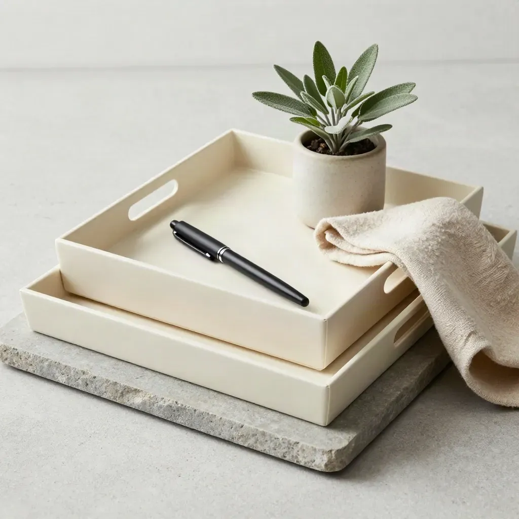 Three nested paper trays, black pen, wool cloth, and herb plant on stone in soft morning light.