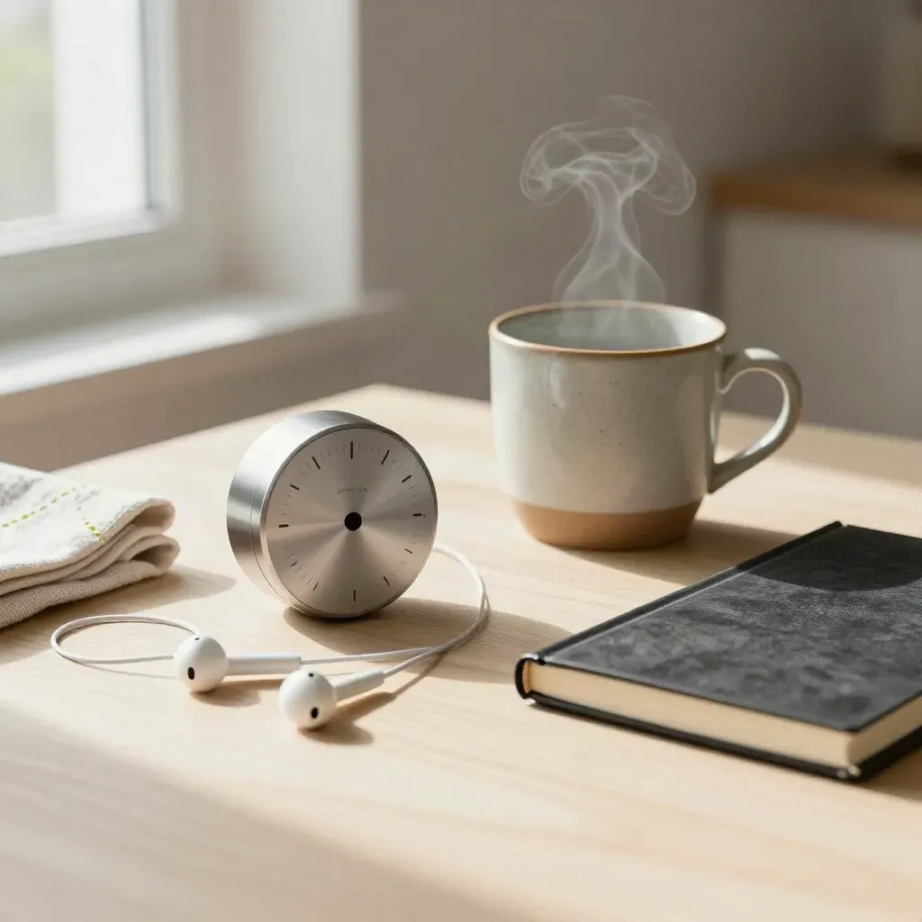 Metal timer, steaming cup, earbuds, towel, and notebook on pale wood with soft light