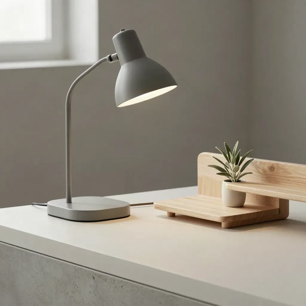 Graphite desk lamp, monitor stand, shelf corner and plant on pale plaster with soft window light
